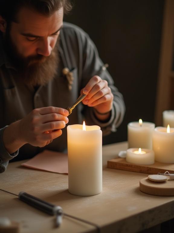 An artisan meticulously refining a candle in the workshop.