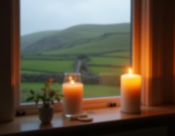 A lit candle sitting on a windowsill, casting a warm glow with a picturesque Irish landscape outside.