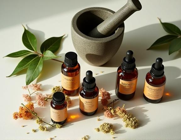Bottles of natural essential oils and dried botanicals, core ingredients for scents.