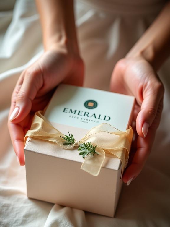 Hands unboxing an Emerald Glow Studio gift set, showing elegant packaging.